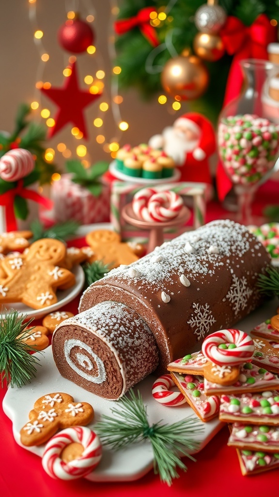 A festive Christmas dessert table with gingerbread cookies, chocolate yule log, and peppermint bark, decorated for the holidays.